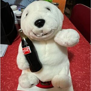 Vintage 1994 Coca-Cola plush polar bear- attached to cardboard stand